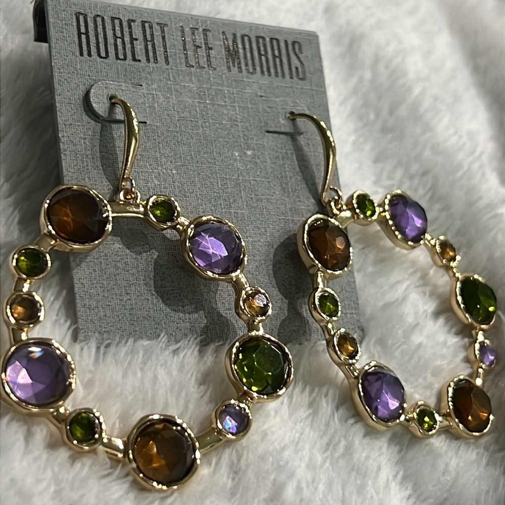 Robert Lee Morris Gold and Purple Hoop Earrings with Gemstone Accents. NWT